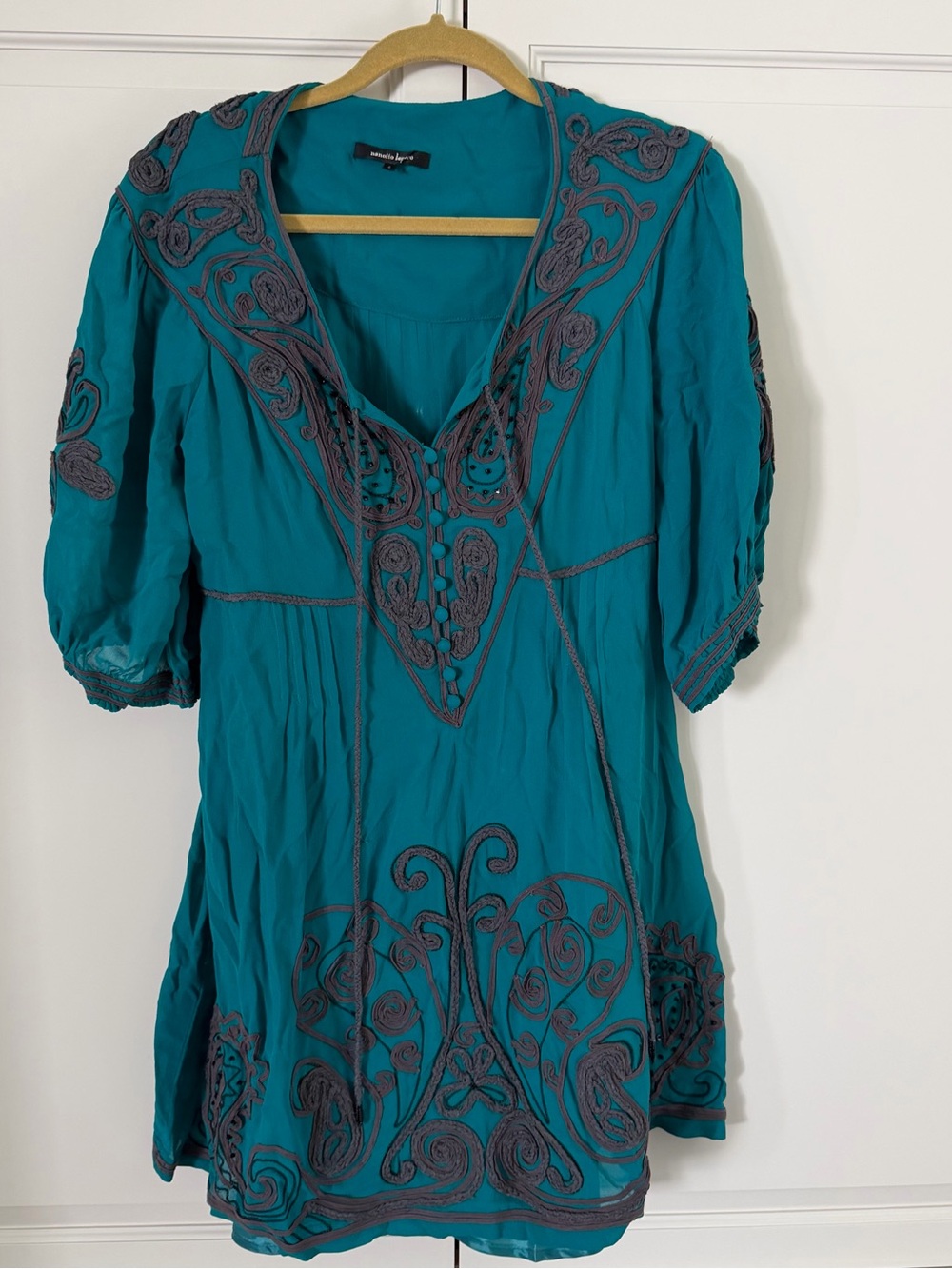 Vintage Nanette Lepore Teal Dress with Gray Embroidery Size 8